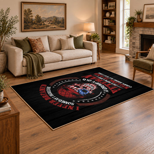 American patriot shield area rug in black, red, blue, and white, angled room view