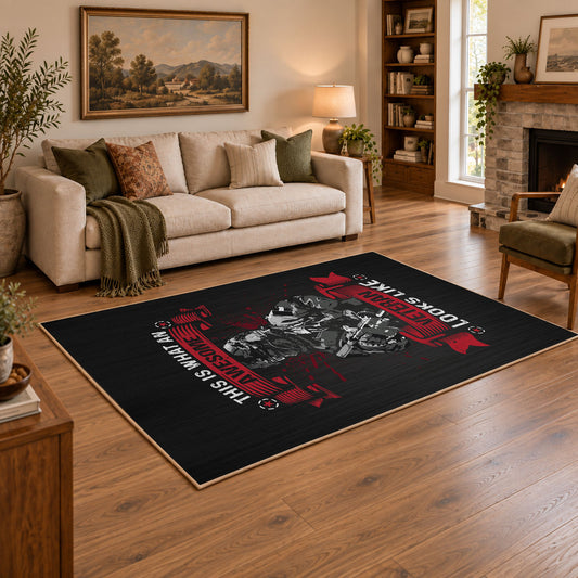 Soldier veteran honor area rug in black, red, gray, and cream, angled room view