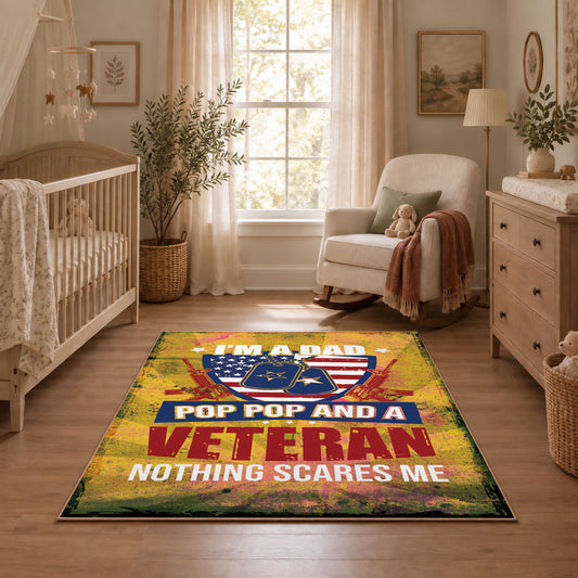 American freedom eagle area rug in yellow, red, blue, and cream, angled room view