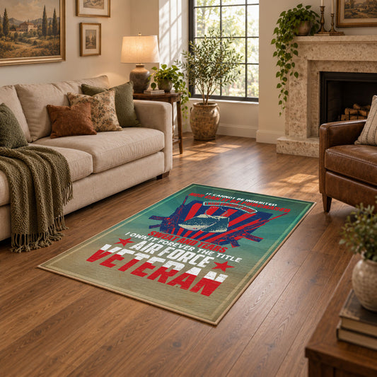 Veteran dad tribute area rug in teal, red, blue, and cream, featured room view