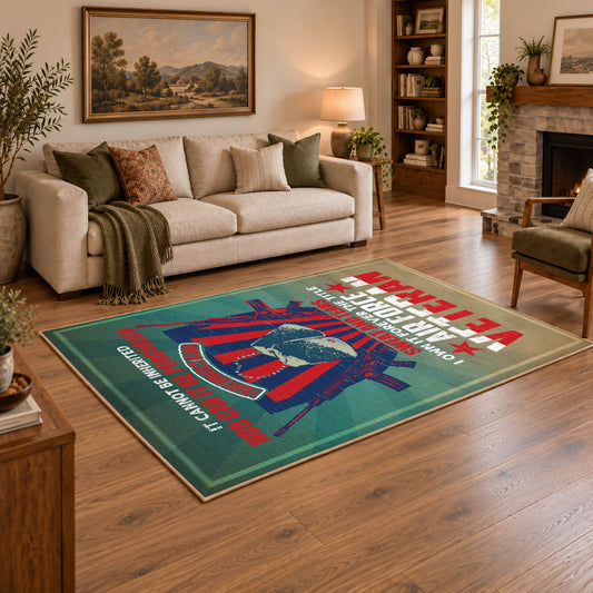 Veteran dad tribute area rug in teal, red, blue, and cream, angled room view