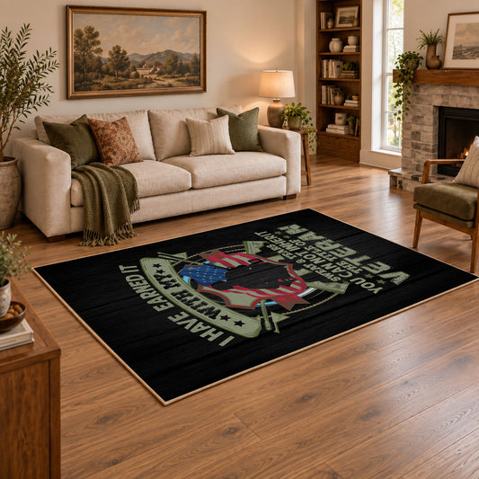 Military family honor area rug in black, green, red, and cream, angled room view