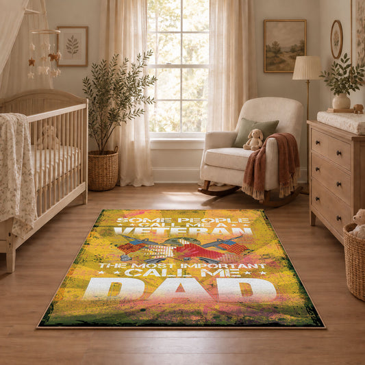 Proud soldier family area rug in yellow, green, orange, and cream, angled room view