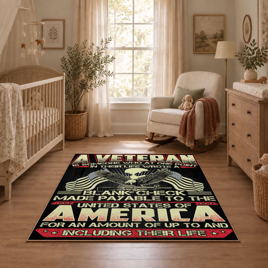 American liberty eagle area rug in black, red, cream, and gold, angled room view