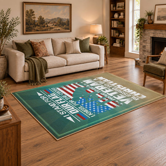 Military service flag area rug in teal, cream, red, and blue, angled room view