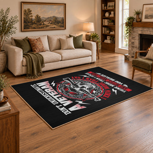 Veteran honor emblem area rug in black, red, gray, and cream, angled room view