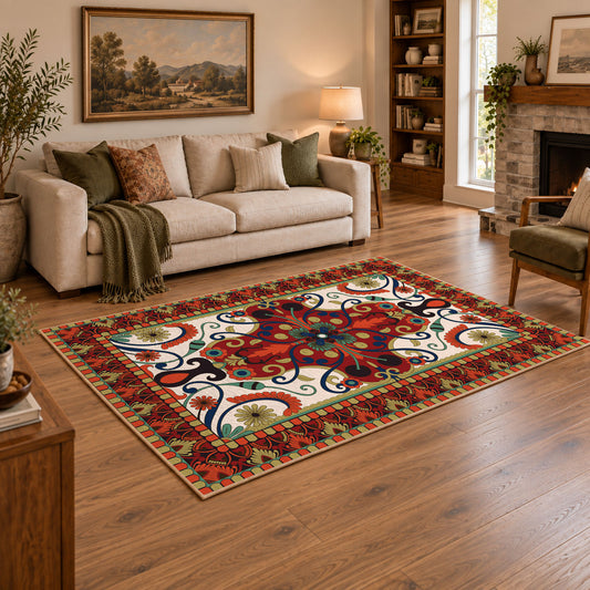 Red and blue ornate floral area rug with a traditional medallion pattern, angled room view