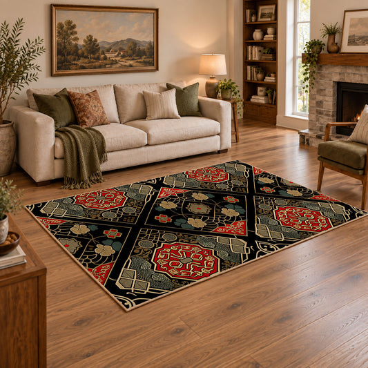 Black patchwork medallion area rug in red, beige, gold, and charcoal, featured room view