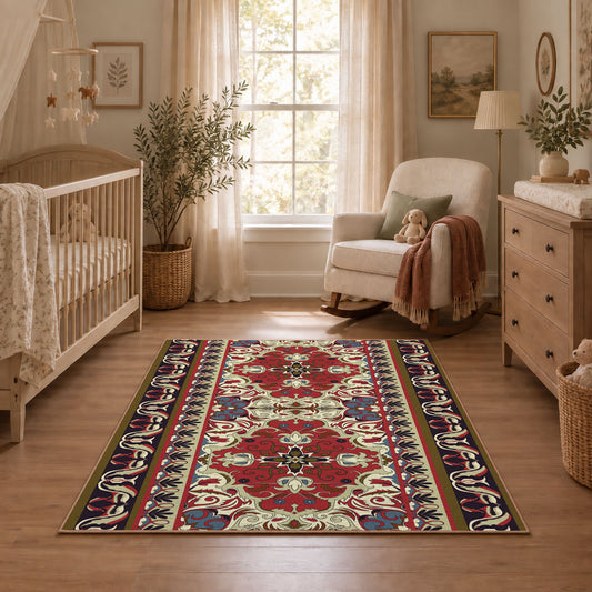 Burgundy floral medallion area rug with cream, teal, and gold details, angled room view