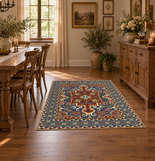 Teal and rust Persian floral area rug with an ornate allover pattern, featured room view