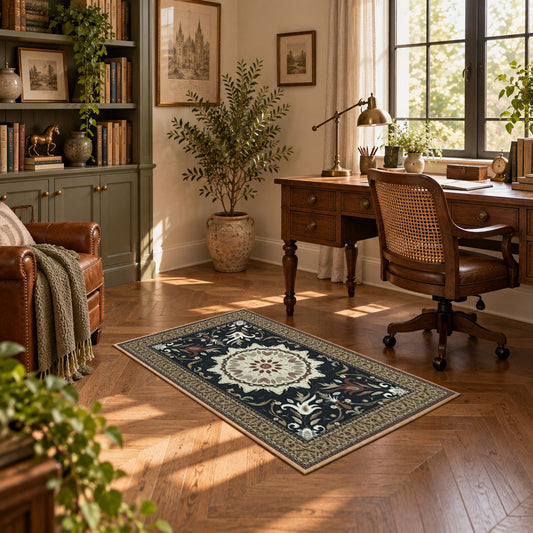 Black and cream floral medallion area rug with a traditional Persian layout, featured room view