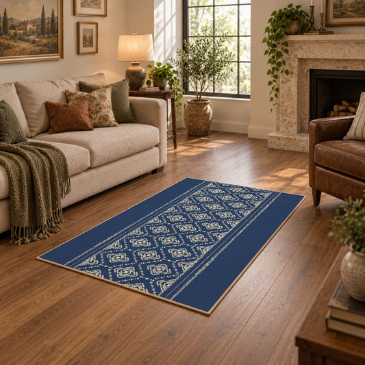 Blue and white geometric area rug with a minimal diamond pattern, featured room view