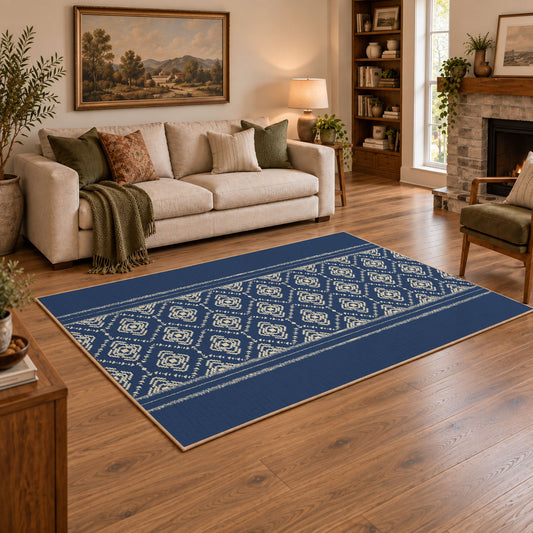 Blue and white geometric area rug with a minimal diamond pattern, angled room view