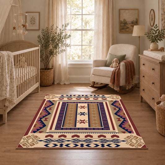 Beige and purple Southwestern area rug with bold tribal geometric motifs, angled room view