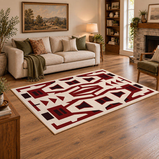 Burgundy and cream geometric area rug with a bold interlocking pattern, angled room view