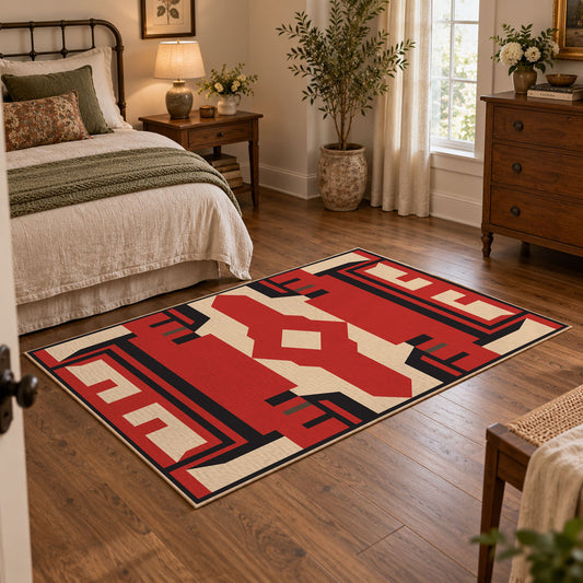 Red and black tribal cross area rug with cream geometric details, featured room view
