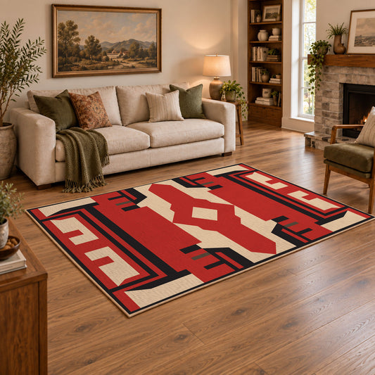 Red and black tribal cross area rug with cream geometric details, angled room view