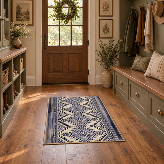 Blue and white diamond area rug with an allover traditional geometric pattern, featured room view