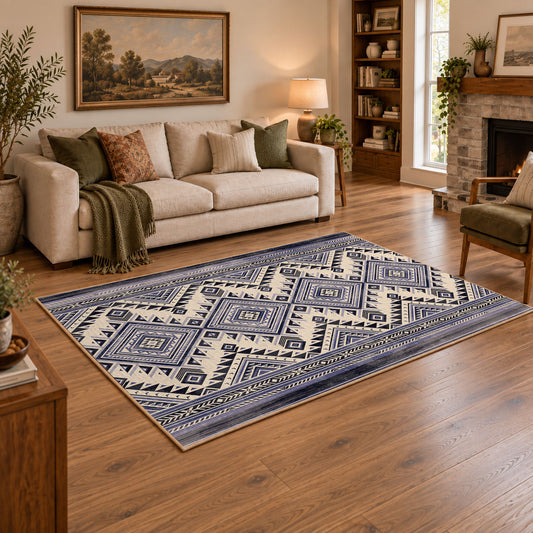 Blue and white diamond area rug with an allover traditional geometric pattern, angled room view