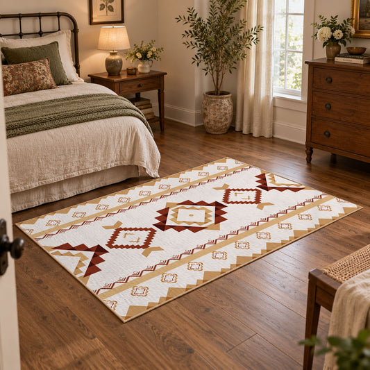 Cream and rust tribal area rug with brown and gold diamond motifs, featured room view