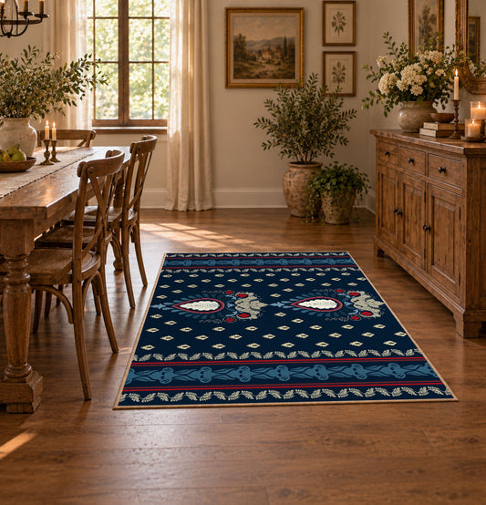 Navy and red Persian area rug with a detailed traditional medallion, featured room view