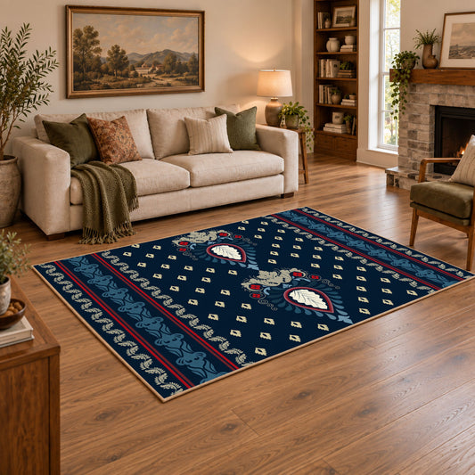 Navy and red Persian area rug with a detailed traditional medallion, angled room view