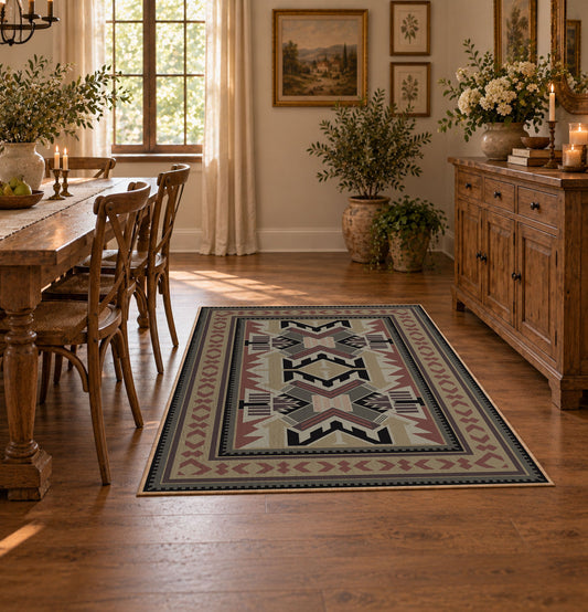 Gray and brown Southwestern area rug with black tribal geometric motifs, featured room view