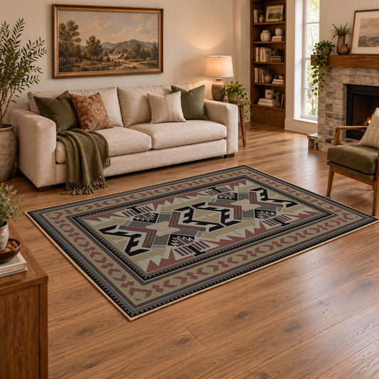 Gray and brown Southwestern area rug with black tribal geometric motifs, angled room view