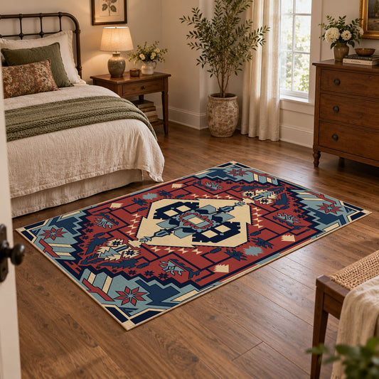 Blue and red tribal medallion area rug with cream and teal accents, featured room view