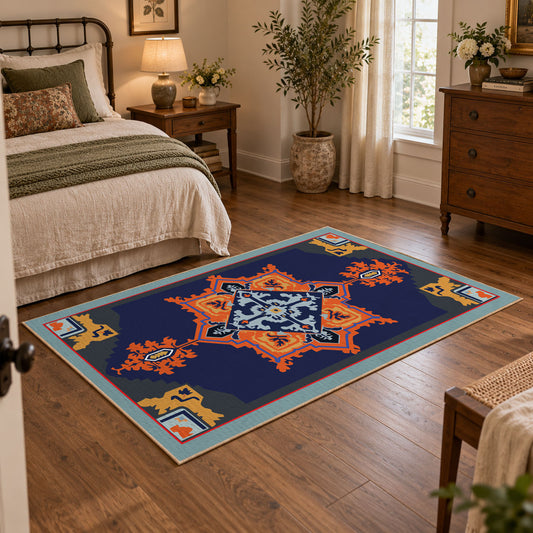 Navy and orange tribal area rug with red and cream geometric details, featured room view