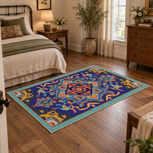 Blue and orange star medallion area rug with red geometric accents, featured room view