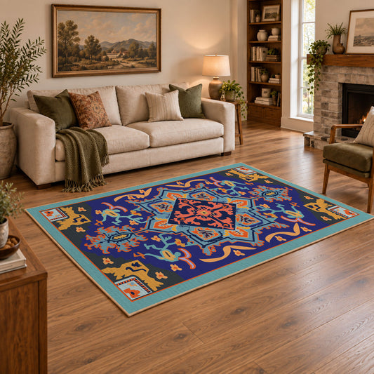 Blue and orange star medallion area rug with red geometric accents, angled room view
