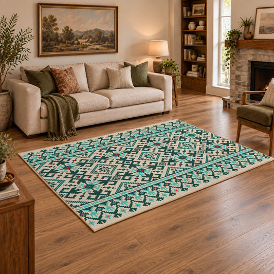 Mint and black geometric area rug with an allover modern tribal pattern, angled room view
