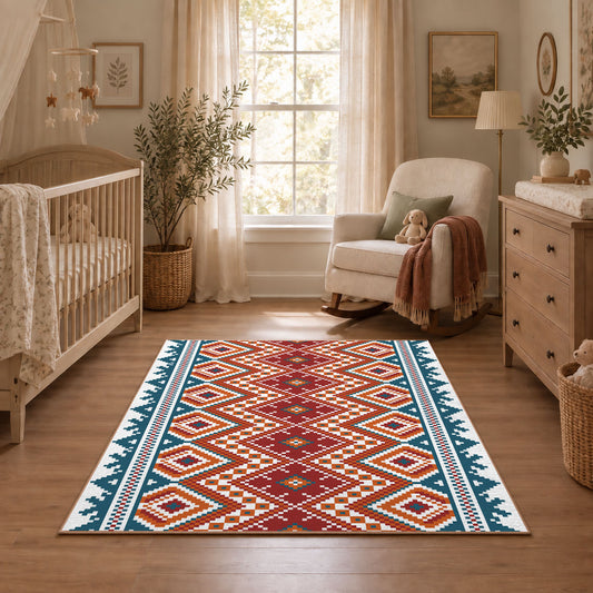 Red and cream diamond area rug with blue and black Southwestern details, angled room view