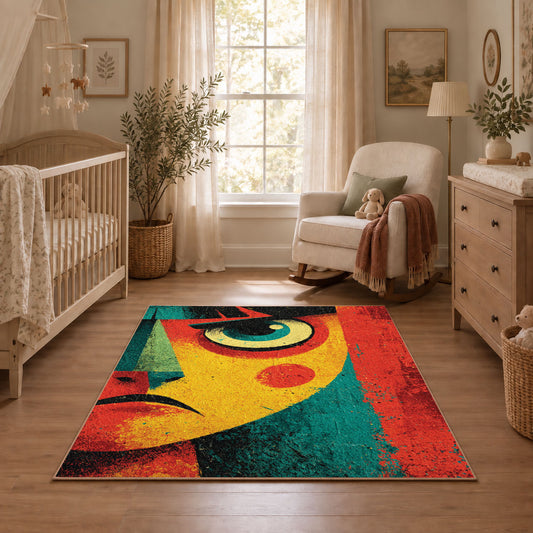 Colorful vintage geometric abstract portrait area rug shown in a calm nursery