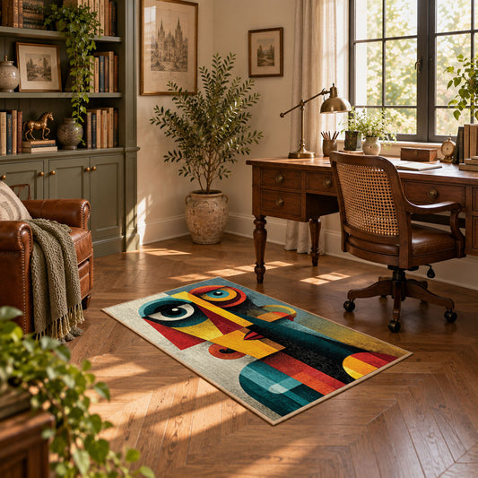 Colorful vintage geometric cubist portrait area rug displayed in a sunlit home office