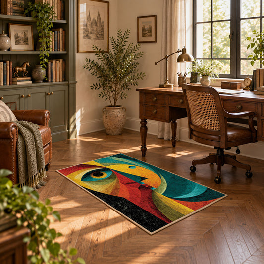 Colorful vintage geometric woman portrait area rug displayed in a sunlit home office