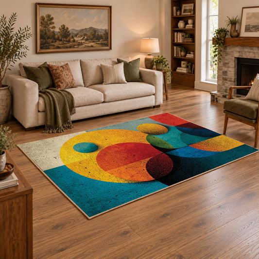 Colorful vintage geometric geometric forms area rug styled in a warm living room