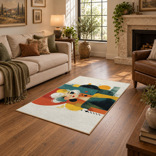 Colorful vintage geometric family portrait area rug shown beside a comfortable sofa