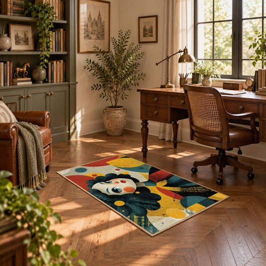 Colorful vintage geometric floral portrait area rug displayed in a sunlit home office