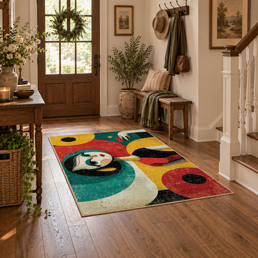 Colorful vintage geometric woman profile area rug styled in a welcoming entryway