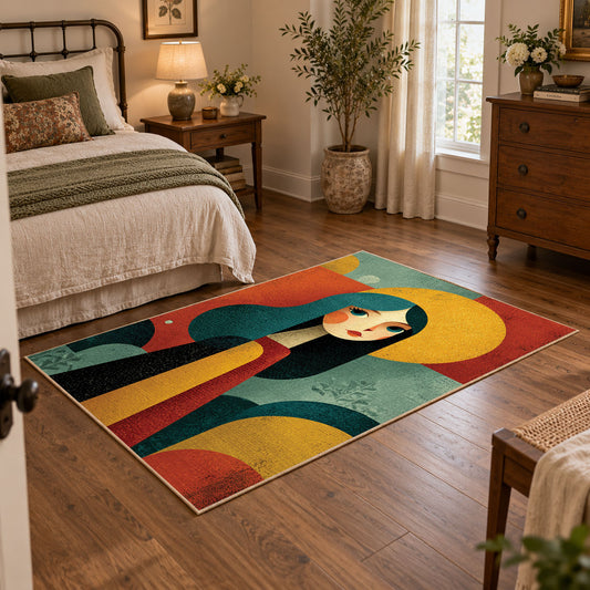 Colorful vintage geometric woman silhouette area rug displayed beside a cozy bed
