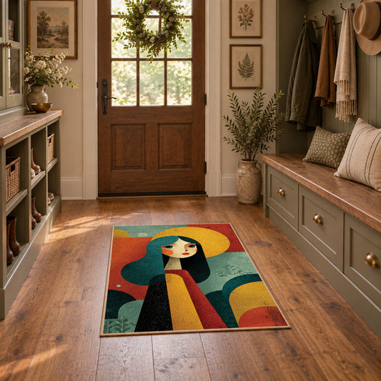 Colorful vintage geometric woman silhouette area rug displayed in a refined hallway