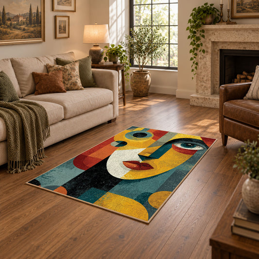 Colorful vintage geometric couple portrait area rug shown beside a comfortable sofa