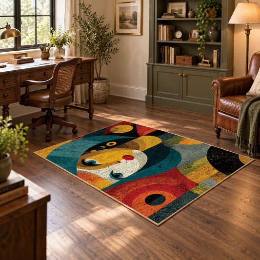 Colorful vintage geometric child portrait area rug angled view in a classic bedroom