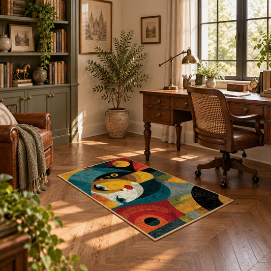 Colorful vintage geometric child portrait area rug displayed in a sunlit home office