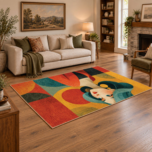 Colorful vintage geometric girl portrait area rug styled in a warm living room