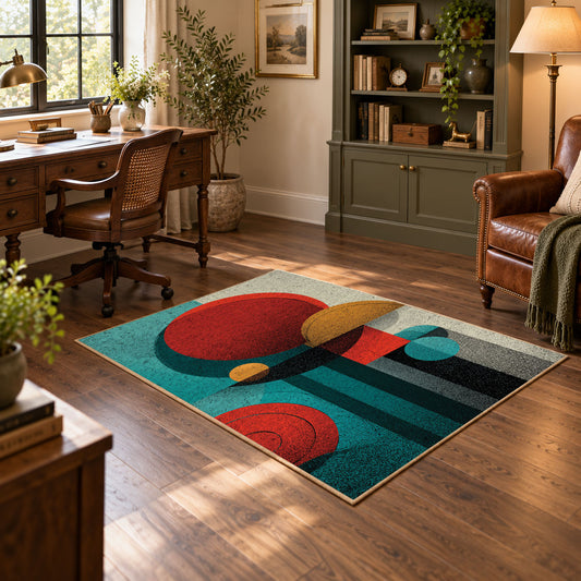 Colorful vintage geometric tree art area rug angled view in a classic bedroom