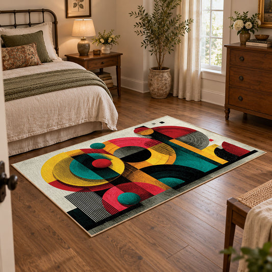 Colorful vintage geometric retro floral area rug displayed beside a cozy bed