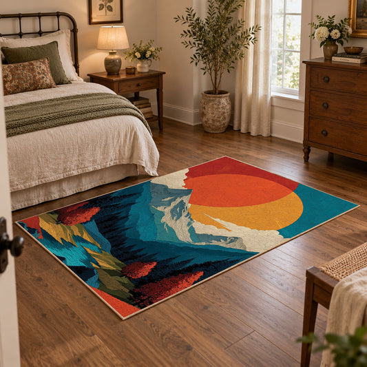 Colorful vintage geometric mountain landscape area rug displayed beside a cozy bed